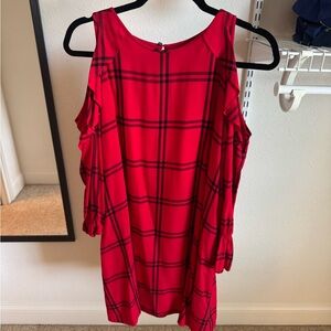 LOFT Red Plaid Cold Shoulder Dress